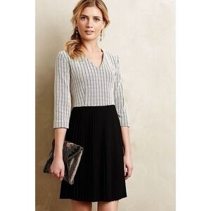 GANNI Anthropologie Crossknit Dress XS White Top Black Pleated Skirt Colorblock